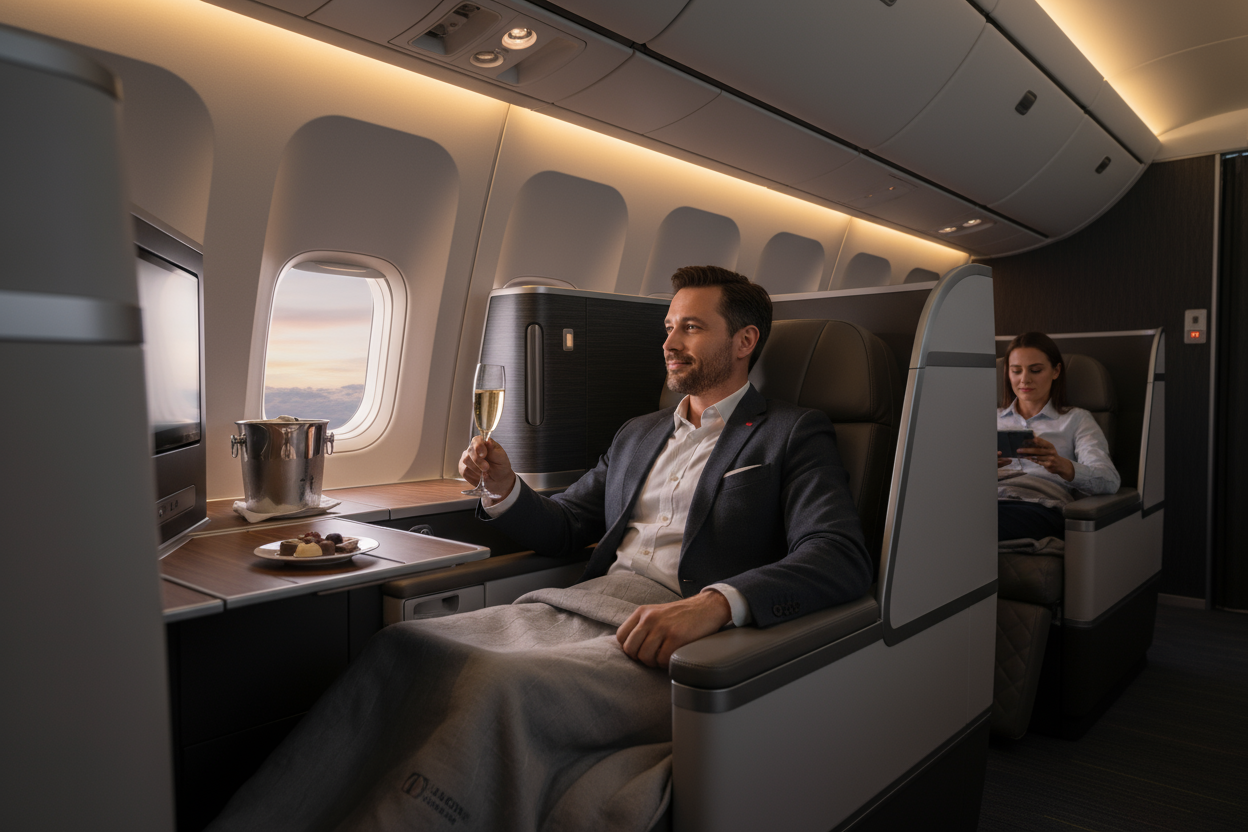 travel inspired pic a male peron in a busineclas calss cabin in an airplane with a champaine